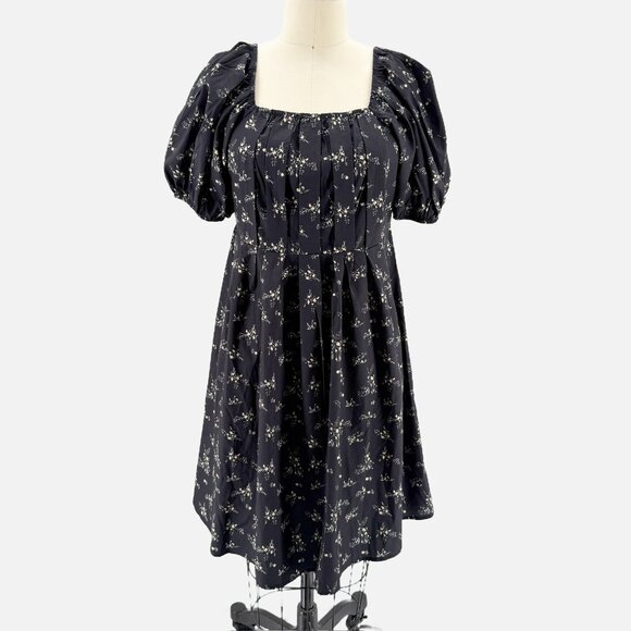 XIEERDUO FASHION Black Ditsy Floral Puff Sleeve Pleated Mini Dress XL NEW - Picture 2 of 11